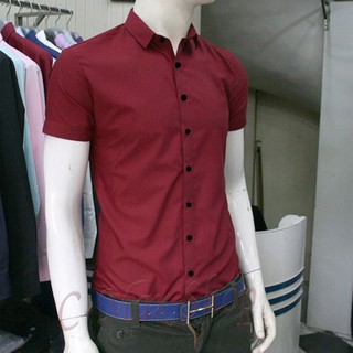 Áo Sơ Mi Nam tay ngắn đỏ đô dáng ôm, chất liệu cotton lụa chống nhăn