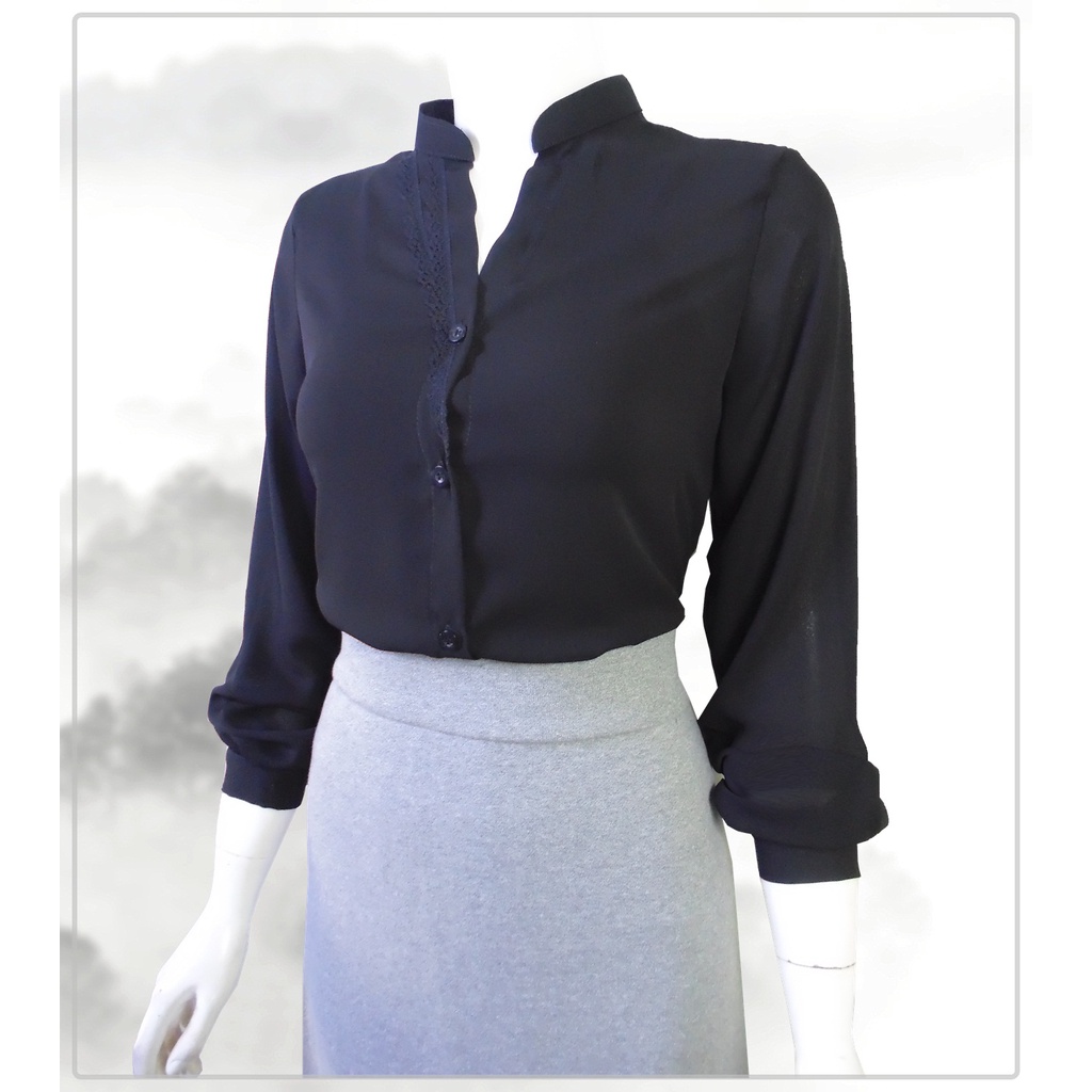 Áo somi cổ trụ, tay dài, màu đen phối ren, voan _ T 263 309