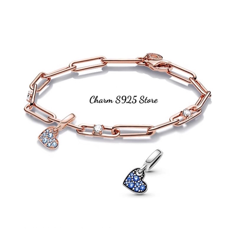 charm pan tim đính đá xanh bạc s925 cao cấp