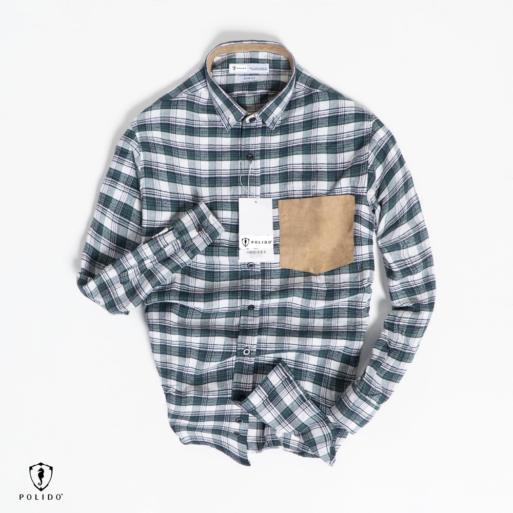 Áo Sơ Mi Nam Kẻ Caro POLIDO Phối Túi Da Ngực Màu Xanh Navy Chất Dạ Chống Xù | BigBuy360 - bigbuy360.vn