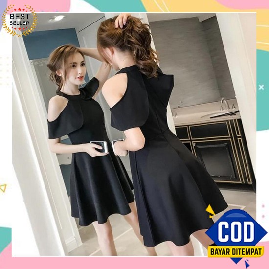 Đầm Midi màu đen cổ chữ V thời trang cho nữ tuổi teen 2021