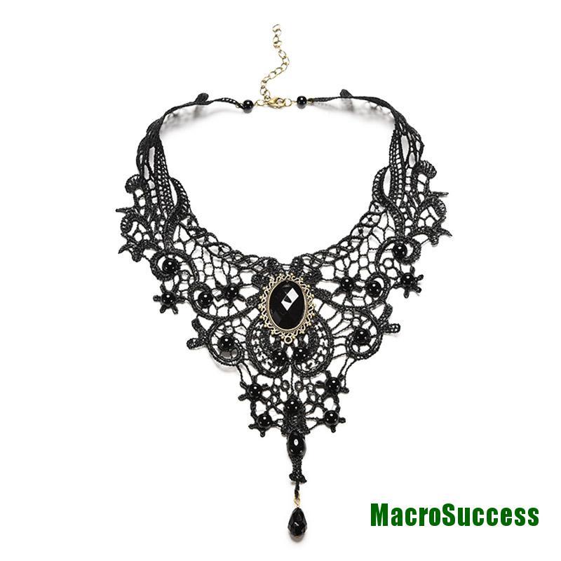 Vòng Cổ Choker Vải Ren Màu Đen Đính Hạt Phong Cách Gothic