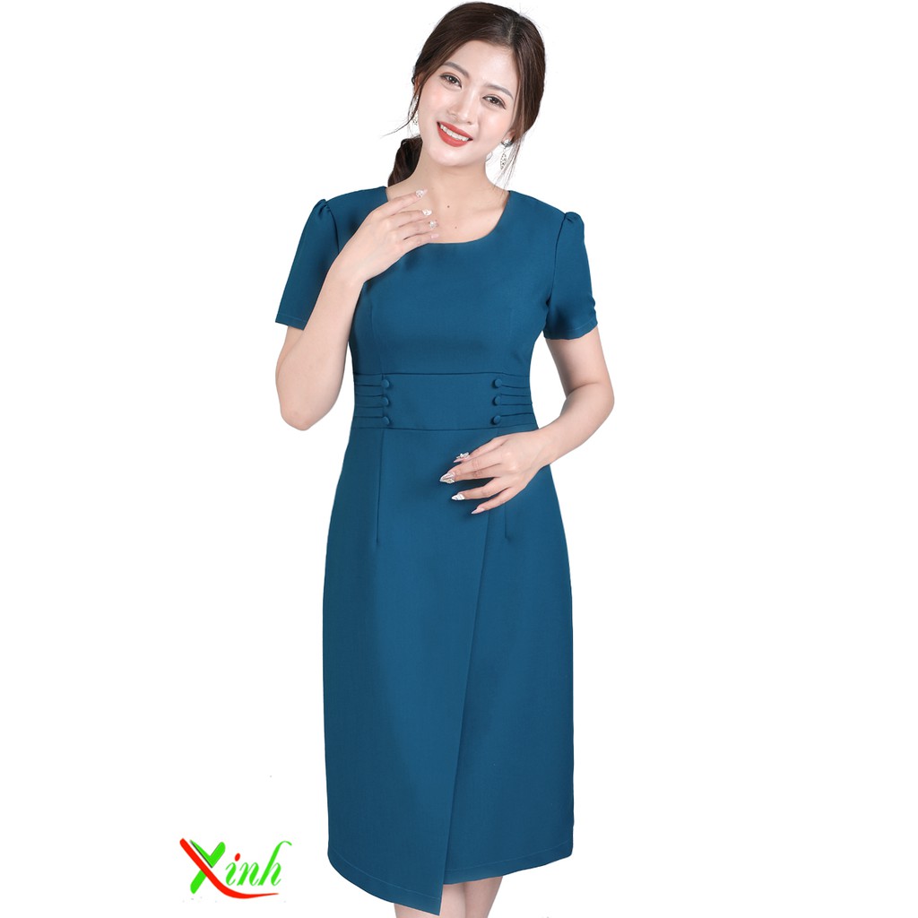 [Mã FAMALLT5 giảm 15% đơn 150k] Đầm xanh cổ vịt tà chéo thời thượng ThoiTrangXinh DL629