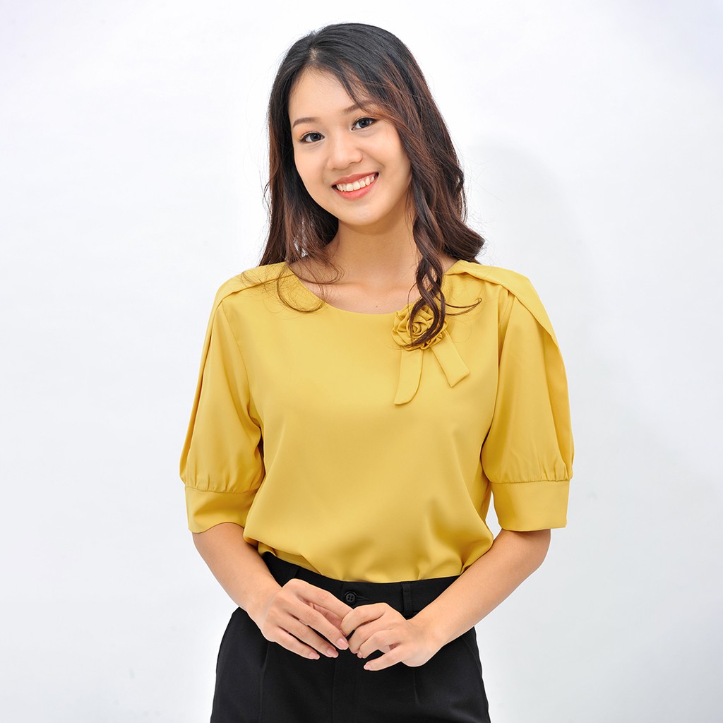 Áo sơ mi kiểu nữ công sở thiết kế thời trang Eden tay lỡ dáng suông cổ tròn phối hoa freesize - ASM096