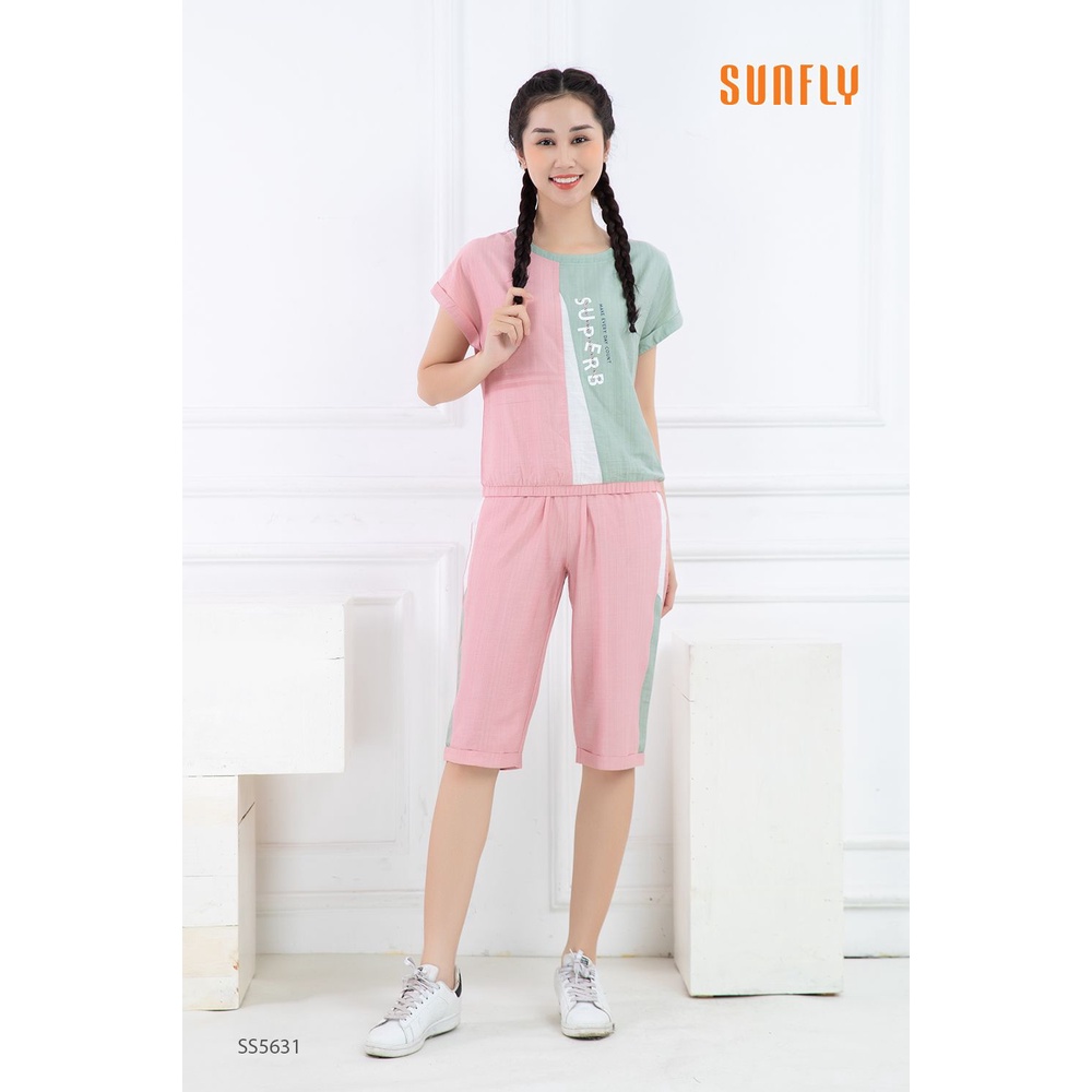 Bộ đồ lanh mặc nhà Sunfly, set đồ lanh thể thao cho nữ dáng áo cộc quần ngố phối viền chữ đơn giản năng động SS5631