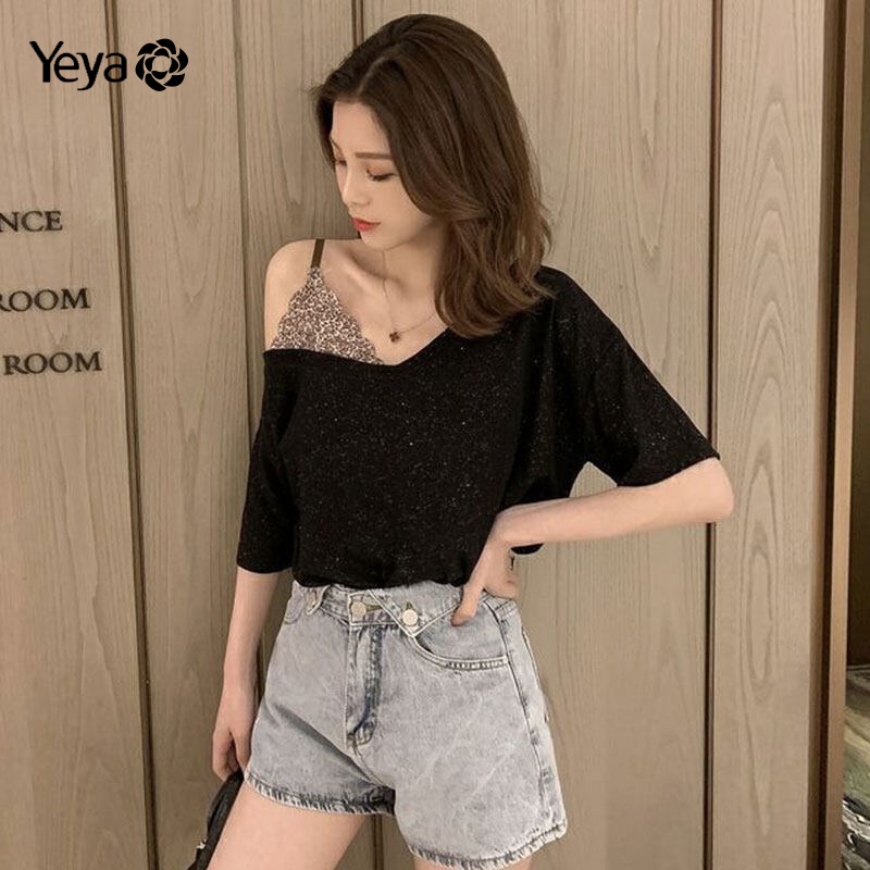 Áo thun YEYA cổ chữ V giả hai lớp họa tiết da báo thời trang cho nữ