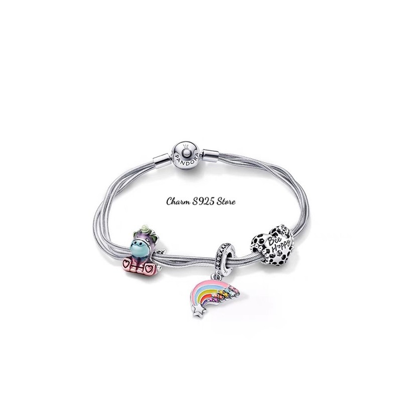Combo vòng tay dây mềm mix 3 hạt charm pan bạc s925 cao cấp