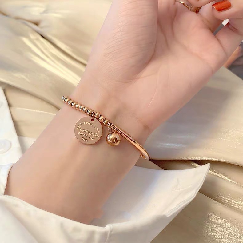 Vòng Tay Chuỗi Hạt Tròn Bằng Thép Titan Màu Vàng Hồng Thời | Dây Chuyền Mặt Tròn Khắc Chữ Tiếng Anh Co Giãn Tốt