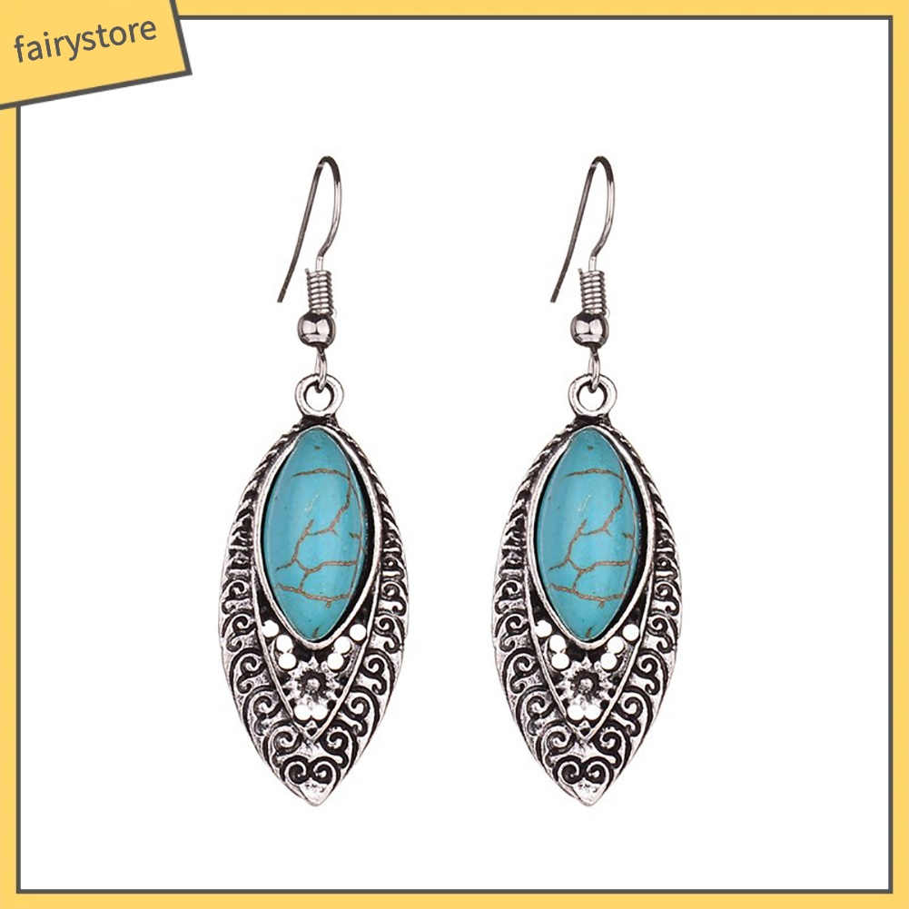 Bông tai dáng dài đính đá ngọc lam nhân tạo phong cách bohemian độc đáo