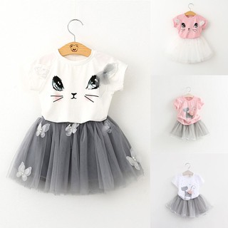 Đầm tulle + áo thun họa tiết in hình con mèo dùng cho bé gái