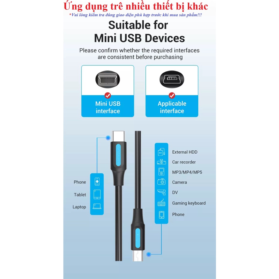 Cáp sạc và truyền dữ liệu type-C ra Mini-B Vention COW