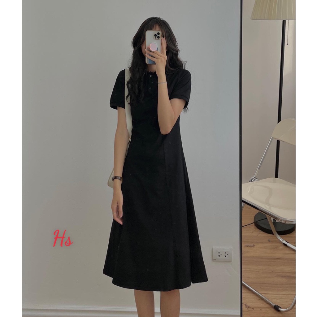 Đầm Polo Nữ Dáng Dài Cổ Bẻ Cúc Cài Váy Cộc Tay Nữ Trơn 2 Màu