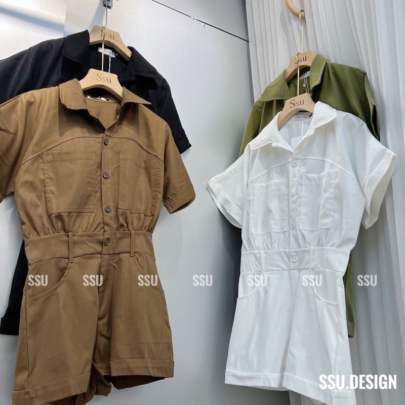 Bộ Jumpsuit kaki cổ sơ mi liền quần đùi siêu hot, Jump thô kaki quần đùi full 4 màu