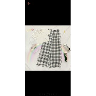 Sét bộ caro quần dài phối áo croptop cổ bẻ cực xinh TTSLA0375