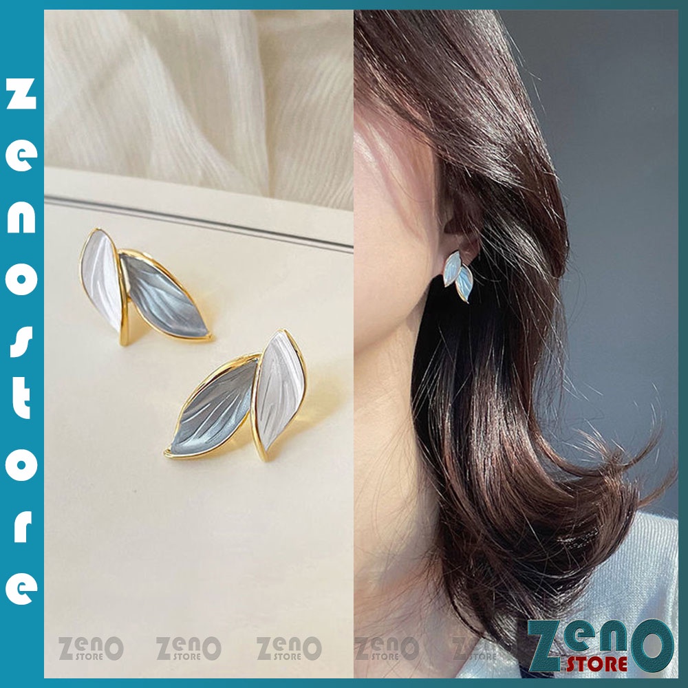 Khuyên tai ZenO KT13 chiếc lá cuối thu màu xanh trắng tương phản cực chất