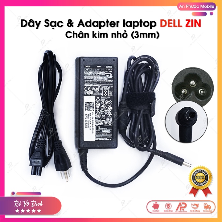 Sạc Laptop DELL Zin Chính Hãng - Dây Sạc & Cục Adapter Dell 65W (20V - 3,34A) chân kim tròn nhỏ 3mm - Bảo hành 1 năm