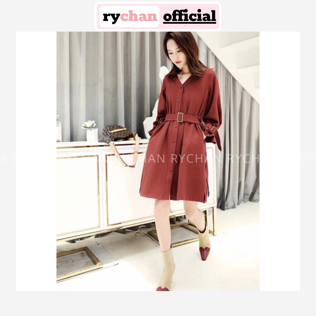 Đầm Suông Cam Đất Sơ Mi Tay Dài Kèm Belt - DS289