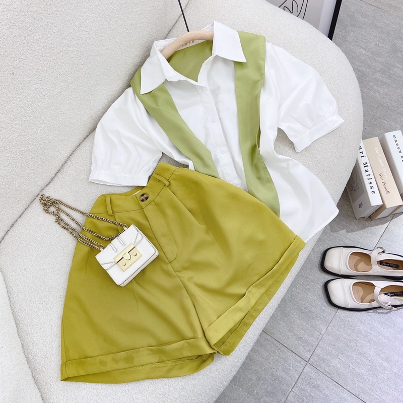 SET ÁO SƠ MI THẮT NƠ XANH + QUẦN SHORT XANH