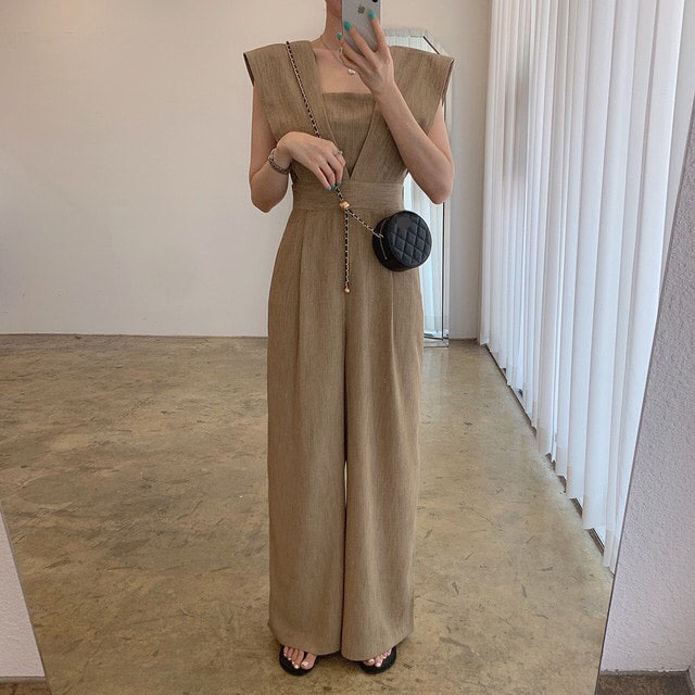 Korean-StylechicSummer Retro Square Collar Waist Slimming Loose All-Matching Long Sleeveless Jumpsuit Wide Leg Pants for Women | BigBuy360 - bigbuy360.vn