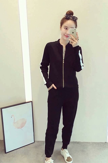 Bộ Nỉ nữ khoá phối tay quần Chất Nỉ Cotton Co Dãn 4 Chiều | BigBuy360 - bigbuy360.vn