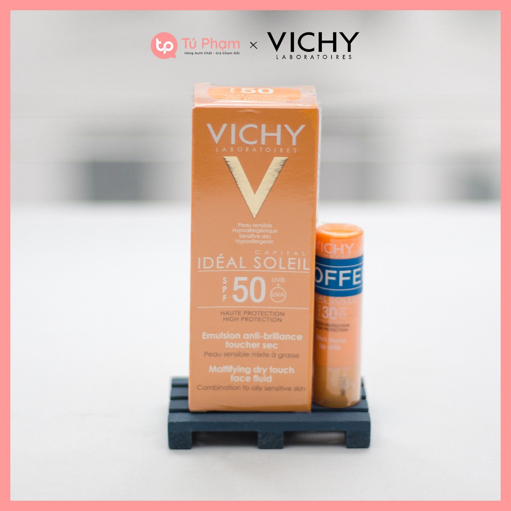 Set Kem Chống Nắng Vichy SPF 50 Ideal Soleil Emulsion Anti-brillance 50ml Tặng Kem Son Dưỡng Môi Vichy