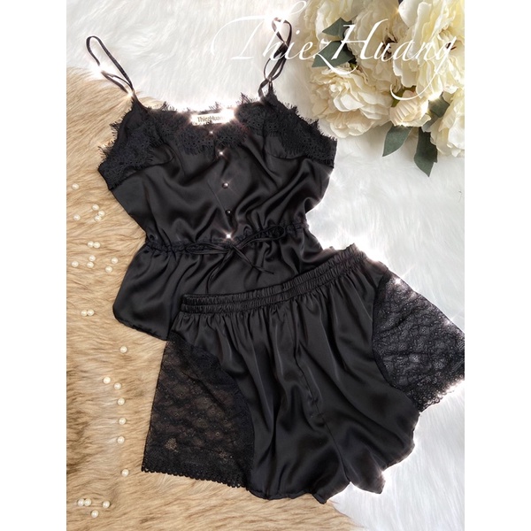 Set ngủ 2 dây lụa nút ngọc trai phối ren sexy , đáng yêu