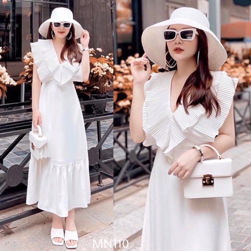 Đầm maxi xoè trắng | đầm maxi dài | váy maxi dập ly | váy trắng sang trọng đi biển đi chơi dạo phố MN110 - Đầm Váy Mina | BigBuy360 - bigbuy360.vn