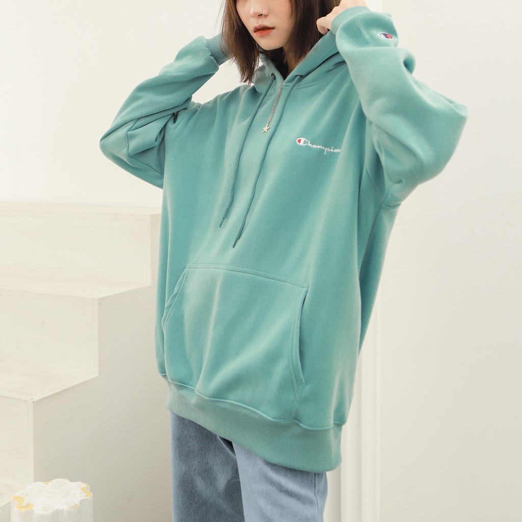 Áo Hoodie Thêu Logo Champion Sắc Nét Phía Trước Chất Vải Nỉ Bông Cotton Form Rộng Rãi Unisex Nam Nữ Màu Xanh Mint