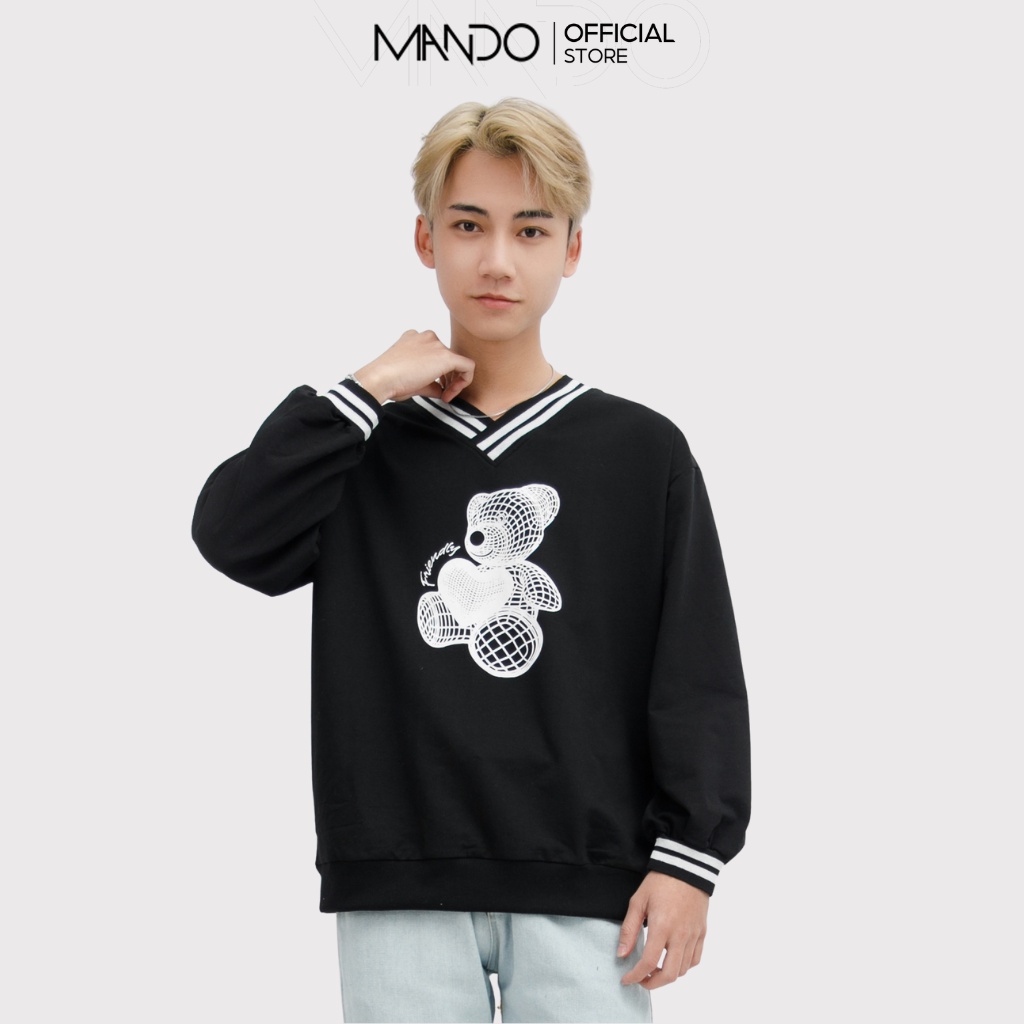 Áo Nỉ Đen Cao Cấp Sweater Dài Tay Nam MANDO Cổ Tim Họa Tiết In Gấu Form Rộng Basic Unisex Thời Trang Hàn Quốc NDN091