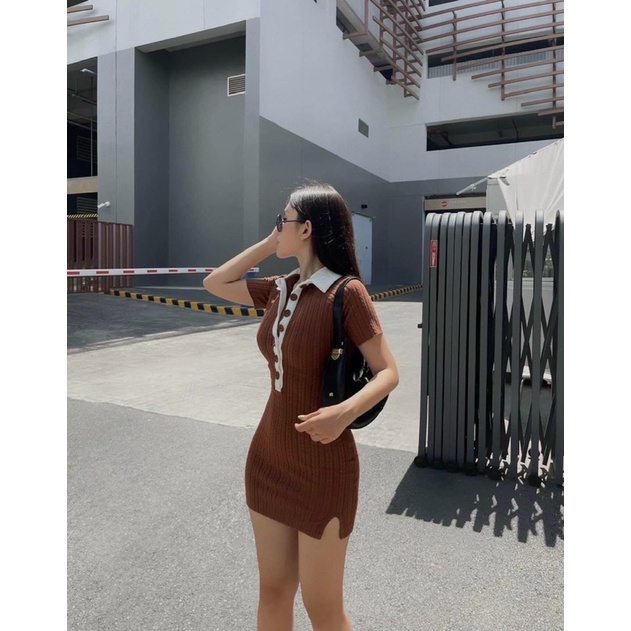 Đầm Body Dáng Ngắn Polo Cổ Bẻ Núc Viền Trắng Cài Khuy Xẻ Đùi alohashop91