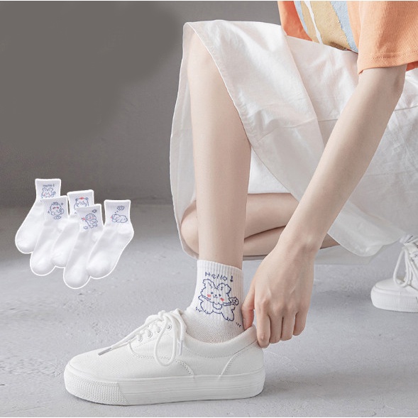 Tất Vớ Ngắn Cổ Nam Nữ - Vớ Nữ Màu Trắng Họa Tiết Mèo Gấu KaWai  Unisex Chất Liệu Vải Mềm