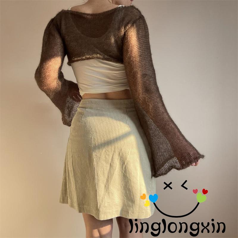Áo Croptop Dệt Kim Tay Dài Phong Cách Harajuku Cổ Điển 90s Cho Nữ Linglongxi2-Y2K
