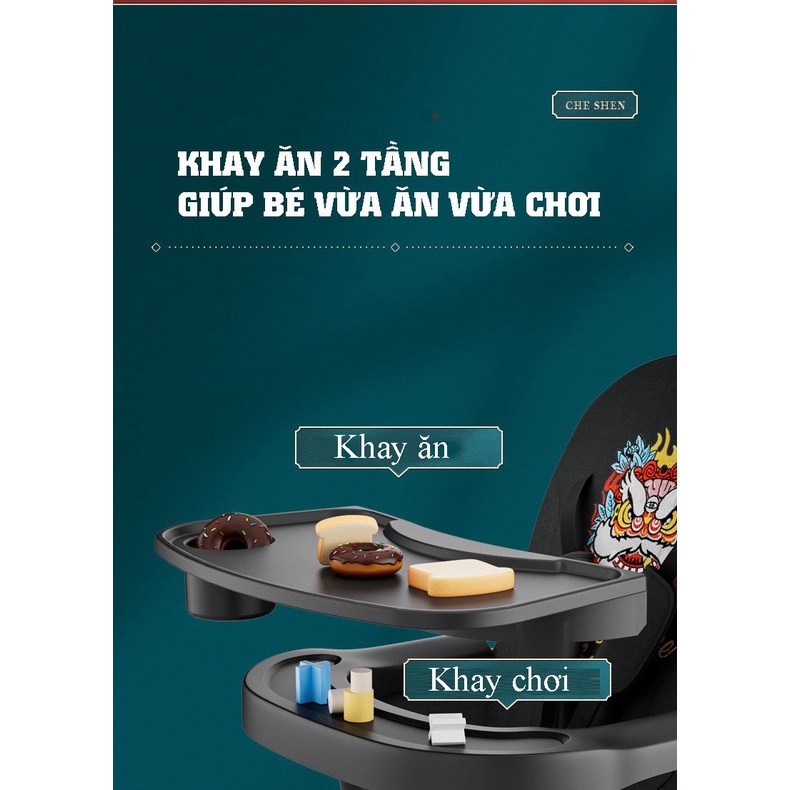 [KHAY ĂN 2 LỚP] Xe đẩy du lịch 4 bánh gấp gọn đảo 2 chiều ngả lưng, tiện lợi mái che lớn, gấp mang đi trên xe máy