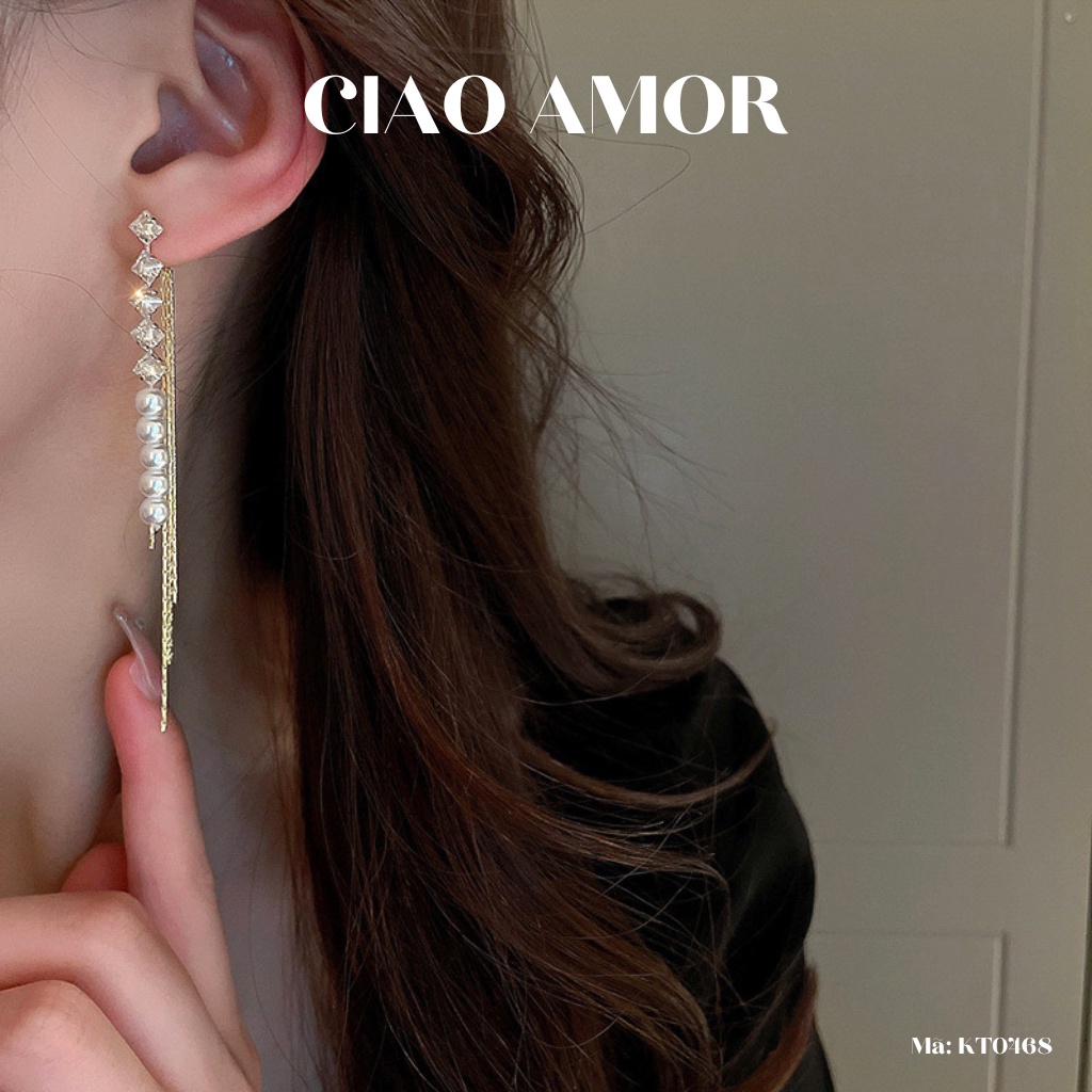 Khuyên tai nữ, Bông tai dài bạc 925 hai mảng dính ngọc bling dự tiệc sang trọng Trang sức Ciao Amor - KT0468