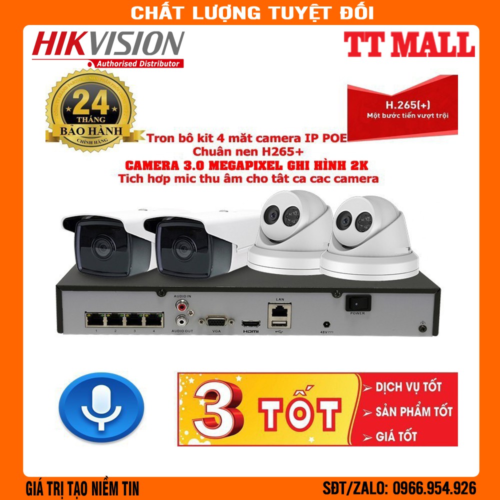 Trọn bộ 4 Camera IP Full HD 1080P có míc thu âm siêu nhạy và đầu ghi hình IP công nghệ POE kèm ổ cứng - đầy đủ phụ kiện