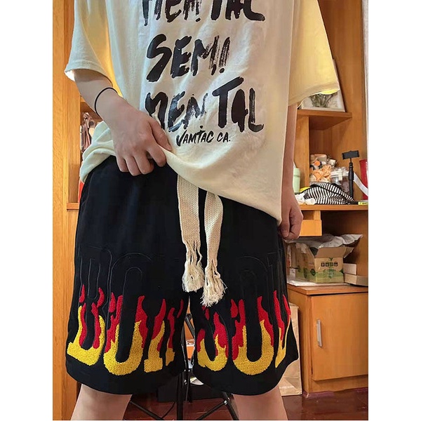 Quần short dáng rộng cạp cao họa tiết ngọn lửa phong cách hiphop đường phố retro Âu Mỹ