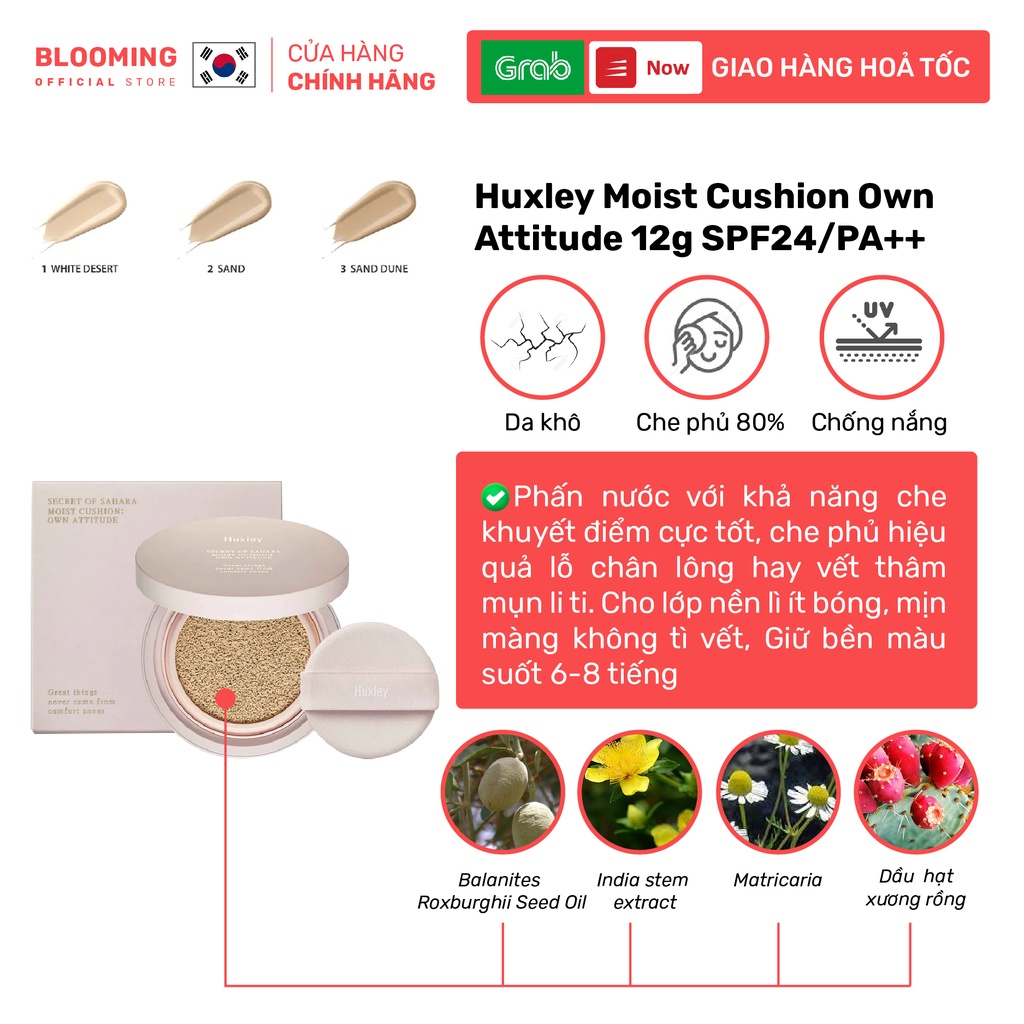 Phấn nước mịn lì mờ khuyết điểm Huxley Moist Cushion Own Attitude 12g SPF24/PA++/Giữ bền màu suốt 6-8 tiếng