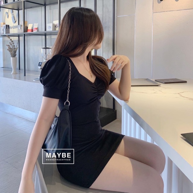 Váy body cổ vuông - tay bồng 2 màu (kèm video ảnh thật)