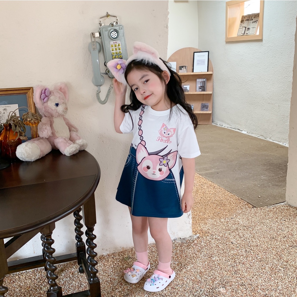 Aiyaya Váy Bé Gái Váy Hoạt Hình Giả Hai Mảnh Denim Váy Thời Trang Trẻ Em（0187）