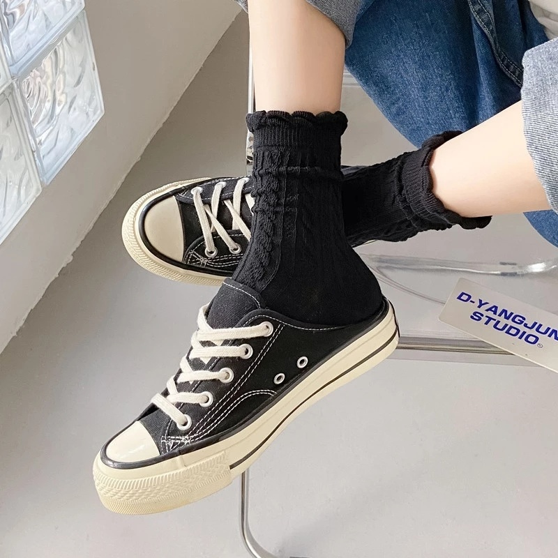 Vớ Cotton Thoáng Khí Thoải Mái Phối Ren Màu Trơn Họa Tiết Kẻ Sọc Dễ Thương Phong Cách Nhật Bản Cho Nữ