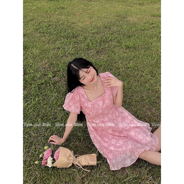 [Jolia Dress] Váy babydoll tay bồng nơ lưng vải tơ voan hoa nhăn bánh bèo tiệm của miêu
