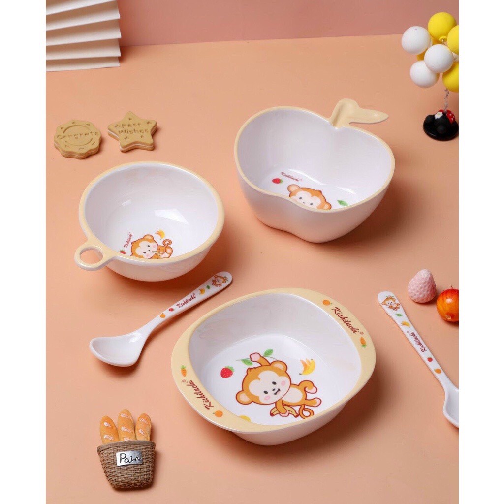 Bát + Cốc + Thìa ăn dặm Kichilachi bằng nhựa phíp chính hãng cho bé