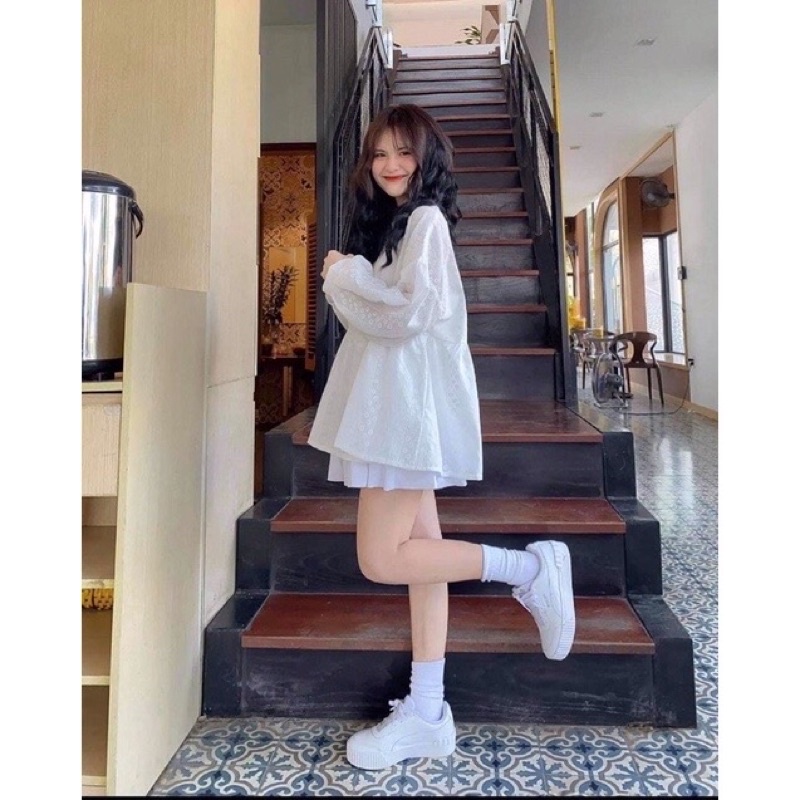 Áo Babydoll Hoa Nhí 2 Màu Tay Bồng Dài NữSơ mi form rộng giấu quần màu trắng bánh bèo tiểu thư Ulzzang Vintage Hottrend