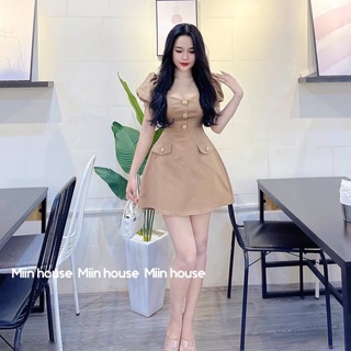 Váy cổ trụ kaki cúc vàng