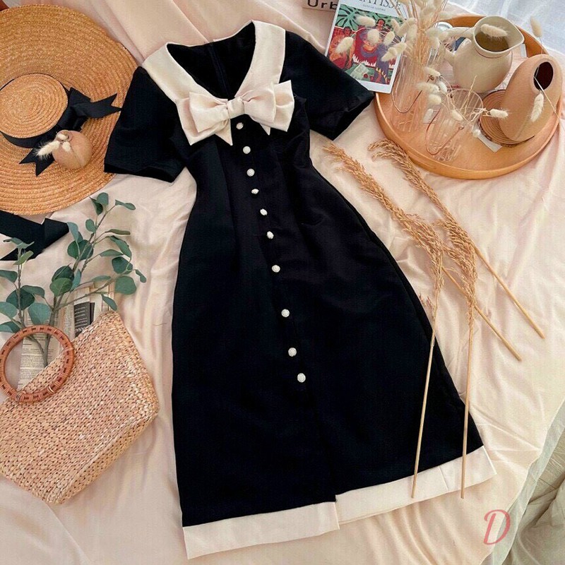 Váy đầm nữ công sở thiết kế dáng dài, mẫu váy đầm xòe nhẹ chữ A cổ nơ mới lạ, ngắn tay, 2 màu đỏ đen - L047 | BigBuy360 - bigbuy360.vn