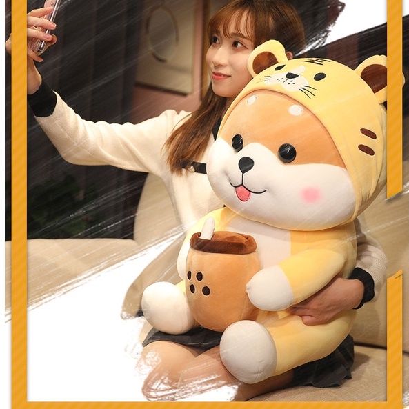 Gấu Bông Chó Shiba Ôm Trà Sữa Cute, Shiba Đội Nón Hổ Cosplay, Thú Nhồi Bông Cao Cấp