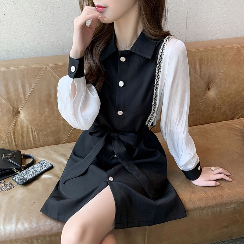 IELGY   Đầm Đen Tay Dài Dáng Ôm In Họa Tiết Thời Trang Sang Trọng Cho Nữ