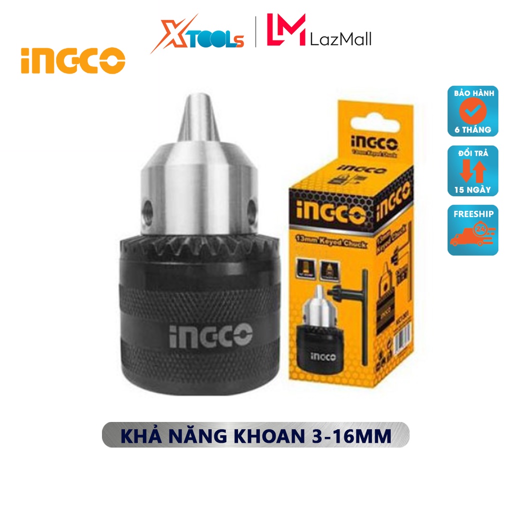 Đầu khoan INGCO KC1601 đầu máy khoan khả năng khoan 1.5-13mm, kích thước kết nối 1/2 inch, kèm 1 khóa vặn chuyên dùng kh