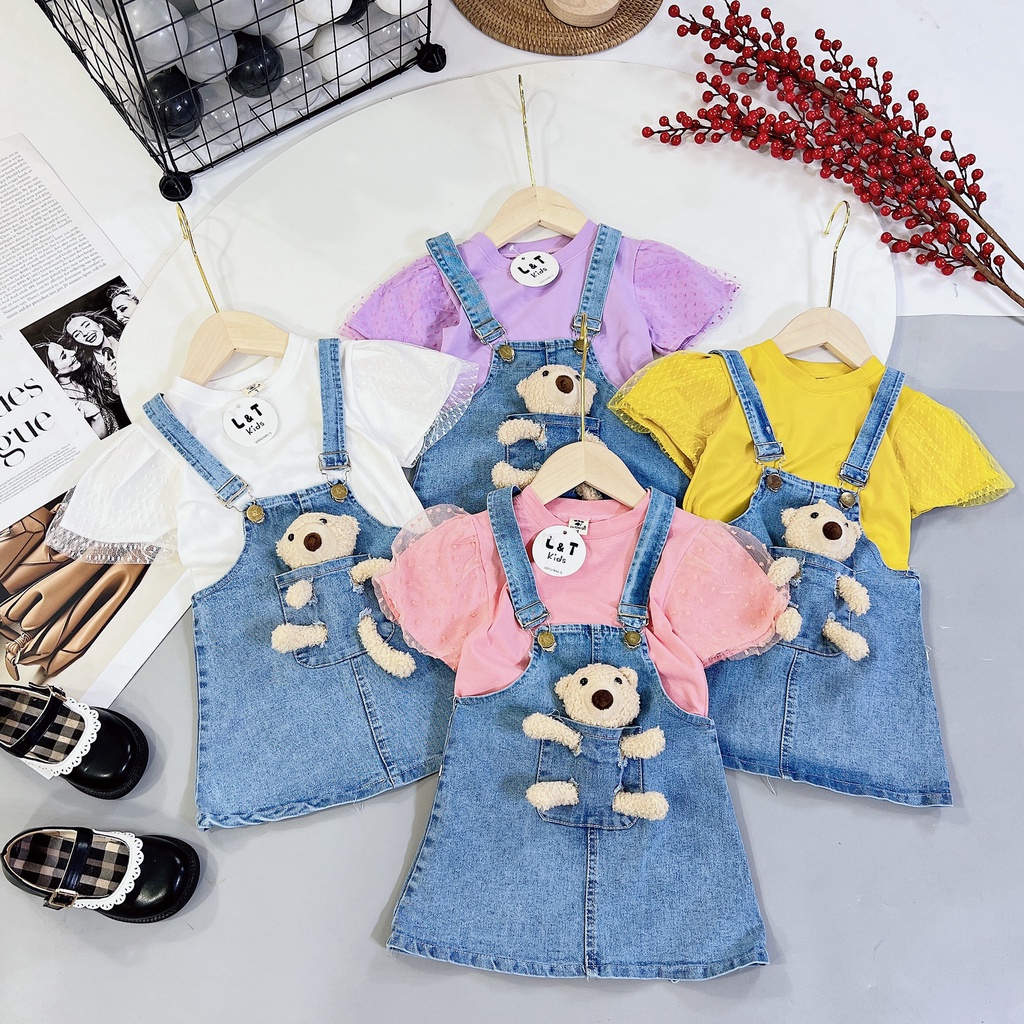 Yếm váy bò jean cho bé gái nơ xinh xắn từ 10kg đến 22kg - bộ đồ bé gái Áo cotton phối bèo kết hợp yếm jean giặt mềm.