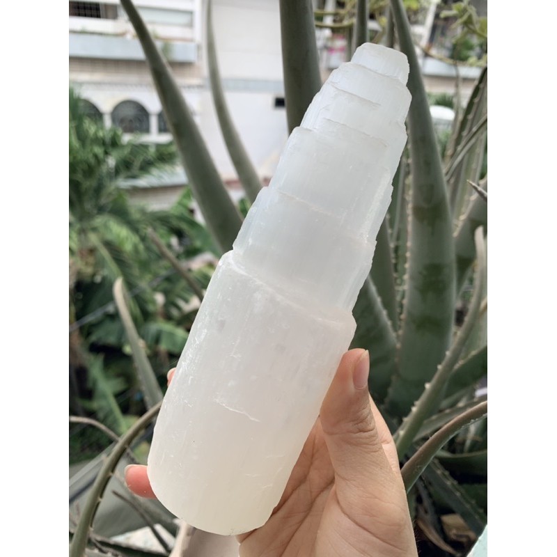 Tháp đá Thanh Tẩy Selenite thô, Đá trang trí mài dạng Tháp đứng 3 tầng đá Thiên Nhiên, Đá Healing, Thiền